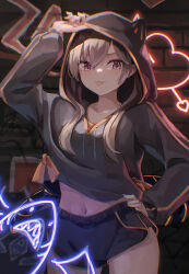 1girl :p alternate_costume animal_ear_hood arm_up brown_eyes brown_hair cowboy_shot dolphin_shorts duel_monster fake_animal_ears gluteal_fold hair_between_eyes hand_on_own_hip highres hood hood_up hoodie i:p_masquerena long_hair mechanical_tail midriff multicolored_nails nail_polish navel shorts solo tail tongue tongue_out unagishirou yu-gi-oh!
