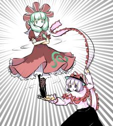 Rule 34 | 2girls, black footwear, black headwear, black skirt, boots, bow, cross-laced footwear, dress, emphasis lines, frilled dress, frilled ribbon, frilled sleeves, frills, green eyes, green hair, hair bow, hair ribbon, handstand, hat, hat bow, hat ribbon, highres, holding, holding ribbon, kagiyama hina, long sleeves, multiple girls, nagae iku, peroponesosu., puffy long sleeves, puffy short sleeves, puffy sleeves, purple eyes, purple hair, red bow, red ribbon, ribbon, shirt, short sleeves, skirt, spinning, touhou, white shirt