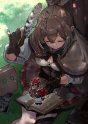 adversarial_noise bag black_gloves breasts brown_capelet brown_hair brown_skirt capelet chibi cleavage closed_eyes gloves hakos_baelz hakos_baelz_(1st_costume) highres hololive hololive_english irys_(hololive) irys_(irys_2.0)_(hololive) large_breasts long_hair mochiyuki_(gigfor1) nanashi_mumei nanashi_mumei_(1st_costume) on_grass ouro_kronii ouro_kronii_(1st_costume) owl_girl paper_bag quill shirt sitting skirt tree virtual_youtuber white_shirt
