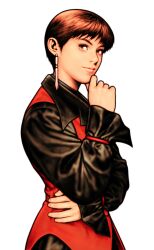 1girl brown_hair capcom_vs_snk capcom_vs_snk_2 earrings formal_clothes from_side game_cg hand_on_own_chin highres jewelry lips looking_to_the_side looking_up mori_toshiaki non-web_source official_art pant_suit pants pantyhose pantyhose_under_shorts short_hair shorts snk solo suit the_king_of_fighters upper_body vest vice_(kof) waistcoat