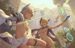 2girls armor bigrbear blonde_hair breasts clenched_teeth gauntlets highres holding holding_staff holding_sword holding_weapon mage_staff medium_breasts multiple_girls original short_hair smile staff sword teeth weapon