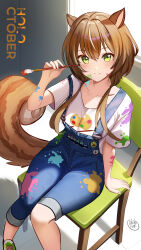 Rule 34 | 1girl, airani iofifteen, airani iofifteen (1st costume), airani iofifteen (cosplay), animal ears, ayunda risu, blue overalls, blush, breasts, brown hair, chair, closed mouth, commentary, cosplay, denim overalls, dreadpunk, english commentary, green eyes, green shoes, highres, holding, holding paintbrush, hololive, hololive indonesia, indonesian commentary, long hair, looking at viewer, low twintails, medium breasts, mixed-language commentary, multicolored hair, multilingual commentary, on chair, overalls, paint on clothes, paint splatter, paint splatter on face, paint tube, paintbrush, palette print, shirt, shoes, short sleeves, signature, sitting, smile, sneakers, solo, squirrel ears, squirrel girl, squirrel tail, streaked hair, tail, twintails, virtual youtuber, white hair, white shirt, wooden chair