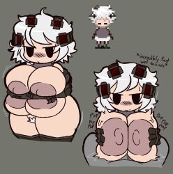 .flow 1boy 1girl alternate_costume black_eyes breasts breasts_out chibi closed_mouth expressionless grey_background hair_ornament hetero huge_breasts jitome mechanical_arms mob_face multiple_views nipples paizuri pov pubic_hair purple_sweater sabitsuki simple_background single_mechanical_arm skindentation smile sprite sweater tacoman