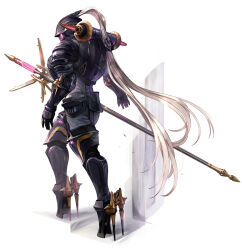 1girl armor armored_boots black_armor black_boots boots breastplate dianthus_(harvestella) full_body gauntlets glowing harvestella helm helmet high_heels official_art polearm robot solo spear third-party_source weapon yasushi_hasegawa