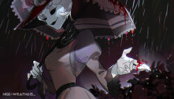 1girl black_eyes black_lips black_sclera blood colored_sclera demon demon_girl dress evil_smile hat hazbin_hotel looking_at_viewer red_dress red_hat rosie_(hazbin_hotel) short_hair smile solo sun_hat white_hair wraith615