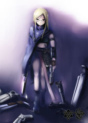 Rule 34 | 1girl, armor, bad id, bad pixiv id, blonde hair, boots, cape, female focus, glasses, gun, knife, magicxiang, pixiv fantasia, pixiv fantasia 5, solo, weapon