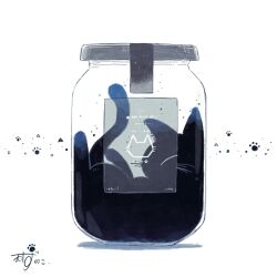 animal_focus artist_name black_cat cat closed_eyes commentary fake_text full_body highres in_container in_jar jar kazunoko_(kazunoko_zunoco) no_humans original paw_print signature simple_background solo tape whiskers white_background