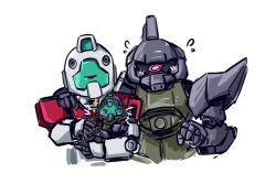arm_around_shoulder assault_visor chinese_commentary commentary_request cropped_torso flying_sweatdrops galatica_083 gelgoog gelgoog_(gquuuuuux) gm_(mobile_suit) green_visor gundam gundam_gquuuuuux looking_at_viewer mecha mecha_focus mobile_suit mobile_suit_gundam no_humans notice_lines one-eyed red_eyes robot science_fiction simple_background white_background