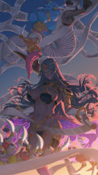 1boy 1other 2girls absurdres arm_wrap armlet armor backlighting bandaged_arm bandages bikini_armor black_hair blue_sky bracelet breastplate breasts bridal_gauntlets ciel-nuage circlet cleavage dark-skinned_female dark_skin facial_mark fate/grand_order fate_(series) forehead_jewel genie gradient_sky green_eyes hat highres huge_filesize jewelry lamia large_breasts long_hair monster_girl multiple_girls navel orange_sky parted_bangs parted_lips pauldrons ring scheherazade_(fate) scroll shoulder_armor sky sword thick_thighs thighlet thighs twilight weapon