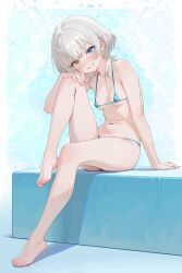1girl absurdres bang_dream! bang_dream!_it&#039;s_mygo!!!!! bare_legs barefoot bikini blue_bikini blue_eyes blush breasts commentary_request full_body heterochromia highres kaname_raana knee_up legs looking_at_viewer micro_bikini navel raiden_(kdsn3783) short_hair small_breasts smile solo stomach swimsuit thighs toes white_hair yellow_eyes
