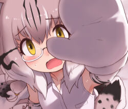 1girl animal_print bare_shoulders blush brown_hair capelet_removed cat_girl cat_print cat_tail elbow_gloves embarrassed eurasian_lynx_(kemono_friends) fur_trim gloves gray_gray hair_between_eyes kemono_friends light_brown_hair mittens multicolored_hair print_capelet print_gloves semi-rimless_eyewear shirt sidelocks sleeveless solo tail white-framed_eyewear white_fur white_hair white_mittens white_shirt yellow_eyes