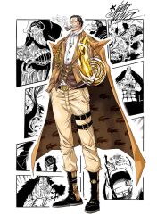1boy alternate_costume belt black_hair boots cigar crocodile_(one_piece) formal_clothes gold highres hook hook_hand jacket jacket_on_shoulders looking_at_viewer male_focus one_piece ornament scar short_hair solo suit