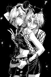 2girls arm_tattoo arm_up belt bracelet braid braided_ponytail bun_with_braided_base crop_top double_bun earrings fishnet_sleeves fishnets genderswap genderswap_(mtf) glint greyscale hair_bun hair_over_shoulder highres horned_hat jeonjin_(mynamebazin) jewelry jojo_no_kimyou_na_bouken kuujou_jolyne miniskirt monochrome multicolored_hair multiple_girls narciso_anasui pants pencil_skirt short_hair skirt smile stone_ocean tattoo tongue tongue_out two-tone_hair w
