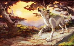 00s 1boy 2008 alternate_color castle cuffs ear_piercing earrings artistic_error highres jewelry link wolf_link male_focus melora mountain nintendo piercing plant scenery shackles solo sun the_legend_of_zelda the_legend_of_zelda:_twilight_princess tree watermark web_address wolf