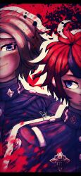 2boys ahoge aotsuki_eito black_border blue_eyes blue_hair border highres last_defense_academy_school_uniform looking_at_another looking_to_the_side male_focus messy_hair multicolored_eyes multicolored_hair multiple_boys outline red_eyes red_hair smile sumino_takumi the_hundred_line_-last_defense_academy- white_hair white_outline