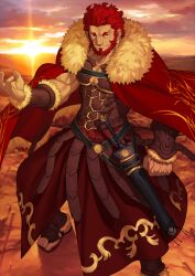 1boy arm_at_side armor beard bracer breastplate cape clenched_hand closed_mouth cloud cloudy_sky diffraction_spikes facial_hair fate/grand_order fate_(series) full_beard fur-trimmed_bracer fur-trimmed_cape fur_trim hand_up iskandar_(fate) legs_apart looking_at_viewer male_focus mature_male muscular muscular_male no_shirt no_socks official_art outdoors pectoral_cleavage pectorals red_cape red_eyes red_facial_hair red_hair red_skirt sandals sheath sheathed short_hair skirt sky smile solo standing sun sunlight sweater_guard sword takeuchi_takashi third-party_source toes variant_set warm_colored weapon
