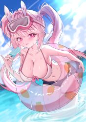 1girl absurdres alice_(nikke) black_shorts blue_sky breasts cleavage cloud collarbone commentary_request day food goddess_of_victory:_nikke goggles goggles_on_head highres holding holding_food holding_popsicle innertube korean_commentary large_breasts long_hair micro_shorts mimu_(cyus7328) navel ocean outdoors pink_hair popsicle shorts sky solo stomach swim_ring swimsuit thigh_strap thighs twintails very_long_hair