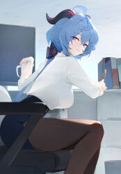 1girl absurdres ahoge alternate_costume black_horns black_pantyhose blue_skirt breasts chair commentary cup dokshuri ganyu_(genshin_impact) genshin_impact goat_horns hair_between_eyes highres holding holding_cup holding_pen horns indoors large_breasts long_hair looking_at_viewer monitor mug office_lady on_chair pantyhose pen pencil_skirt purple_eyes shirt shirt_tucked_in sitting skirt smile solo swivel_chair white_shirt
