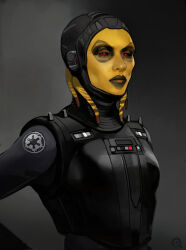 Rule 34 | 1girl, alien, brian matyas, colored skin, highres, imperial logo (star wars), looking at viewer, lyn rakish, nogratu, red eyes, solo, star wars, upper body, yellow skin
