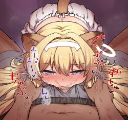 1boy 1girl anger_vein animal_ears blonde_hair blue_eyes blush clothing_cutout commentary_request dark-skinned_male dark_skin deepthroat earrings facing_viewer fellatio grabbing_another&#039;s_hair hair_between_eyes hair_ribbon hairband hetero highres irrumatio jewelry lion_ears lion_girl lion_tail long_hair noripro oral paid_reward_available pov puffy_shorts regrush_lionheart ribbon rough_sex rutsubo saliva shorts simple_background single_earring solo_focus sound_effects sound_effects_only speech_bubble spoken_anger_vein straight-on tail tail_through_clothes tears translation_request twintails underwear virtual_youtuber white_shorts
