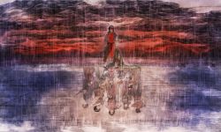 1boy 2girls bandana black_hair blonde_hair brown_hair cleo_(suikoden) different_reflection flik_(suikoden) gensou_suikoden gensou_suikoden_i gremio_(suikoden) headband highres long_hair maeka_(kumaekake) male_focus multiple_girls odessa_silverberg pahn_(suikoden) rain reflection solo sword ted_(suikoden) teo_mcdohl tir_mcdohl viktor_(suikoden) weapon