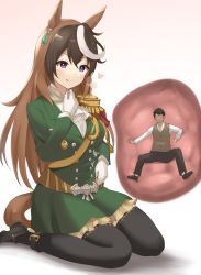 1boy 1girl :p animal_ears ascot bad_id bad_twitter_id belt black_footwear black_hair black_thighhighs brown_hair buttons double-breasted faceless faceless_male giant giantess gloves gradient_background green_skirt heart highres horse_ears horse_girl horse_tail inside_creature long_hair midosge military military_uniform multicolored_hair purple_eyes single_shoulder_pad sitting size_difference skirt stomach_(organ) symboli_rudolf_(umamusume) tail thighhighs tongue tongue_out umamusume vore wariza white_background white_gloves white_hair white_neckwear