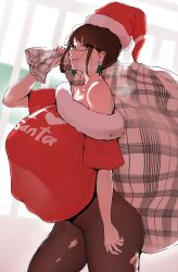 Rule 34 | 1girl, absurdres, black hair, breast shadow, breasts, cleavage, hat, highres, huge breasts, namhorm (puzenketsu), original, puzenketsu, santa costume, santa hat, torn pantyhose