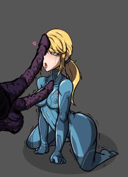 Rule 34 | 1boy, 1girl, absurdres, blonde hair, blue bodysuit, bodysuit, breasts, collarbone, covered erect nipples, covered navel, crying, drooling, erection, extra penises, full body, furrowed brow, green eyes, grey background, hair tie, half-closed eyes, heart, heart-shaped pupils, highres, impossible bodysuit, impossible clothes, kneeling, long hair, looking at another, medium breasts, metroid, metroid: samus returns, mind control, nintendo, no shoes, open mouth, out of frame, penis, penis on face, penis on upper body, perky breasts, ponytail, puffy nipples, ribs, ridley, saliva, samus aran, shadow, sidelocks, signature, simple background, skin tight, solo focus, streaming tears, swept bangs, symbol-shaped pupils, tears, testicles, thick thighs, thighs, tongue, tongue out, torogao, trembling, turtleneck, uncensored, verymediocre, xenophilia, zero suit