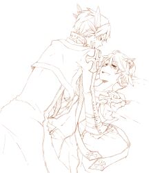 2boys arch_bishop_(ragnarok_online) brown_theme coat commentary_request cropped_jacket feathered_wings head_wings horns long_sleeves looking_at_another male_focus monochrome multiple_boys navel open_mouth pants ragnarok_online sansaro short_hair simple_background smile upper_body wings yaoi