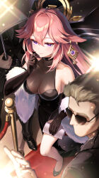Rule 34 | 1girl, absurdres, alternate costume, bag, bare legs, bare shoulders, black dress, black footwear, black gloves, bodyguard, breasts, brown hair, cleavage, closed mouth, clutch purse, commentary, commission, contemporary, covered navel, dress, droopy ears, earpiece, earrings, elbow gloves, english commentary, feather boa, floating headgear, genshin impact, gloves, hair between eyes, hand up, handbag, headgear, highres, holding, holding bag, holding umbrella, jewelry, karen (navy 42), large breasts, legs, long hair, looking at viewer, people, pink hair, pixiv commission, purple eyes, red carpet, see-through cleavage, see-through clothes, smile, sunglasses, umbrella, white bag, yae miko