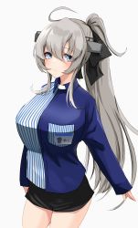 1girl ahoge alternate_costume alternate_hairstyle black_bow black_skirt bow employee_uniform grey_eyes hair_bow highres kantai_collection komb lawson long_hair long_sleeves miniskirt name_tag ponytail shirt silver_hair skirt solo store_clerk striped_clothes striped_shirt vertical-striped_clothes vertical-striped_shirt washington_(kancolle)