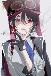 1girl aogiri_koukou black_hair cigarette dress_shirt finger_to_own_chin gloves goggles goggles_on_head grey_background hair_between_eyes half_gloves hat highres jacket jacket_on_shoulders miwano_rag open_mouth partially_fingerless_gloves portrait red_eyes shirt short_hair simple_background smoking solo tsukiyuki_ibuki virtual_youtuber
