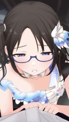 1boy 1girl animated blue_eyes breasts brown_hair censored cum cum_in_mouth cum_on_body cum_on_eyewear deepthroat facial fellatio glasses handjob hetero highres idol_clothes idolmaster idolmaster_shiny_colors irrumatio licking licking_penis live2d medium_breasts mitsumine_yuika najar nipples oral penis pov precum pumping saliva saliva_trail sound tagme video