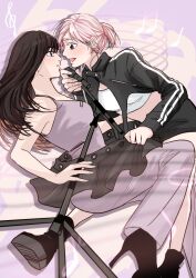 Rule 34 | 2girls, blunt bangs, blush, commentary, eunha (gfriend), eye contact, gfriend, high heels, highres, holding, holding microphone, k-pop, long hair, looking at another, microphone, mignon94776761, multiple girls, musical staff, open mouth, pink hair, ponytail, profile, real life, short ponytail, sitting, smile, yuju (gfriend)