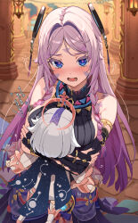 2girls bare_shoulders between_breasts blue_eyes blush braid breast_smother breasts citlali_(genshin_impact) face_between_breasts face_to_breasts facial_mark floating forehead_mark genshin_impact gradient_hair hair_ornament halo head_between_breasts highres jewelry long_hair looking_at_viewer multicolored_hair multiple_girls open_mouth paimon_(genshin_impact) pink_hair pink_pupils purple_hair romper triangle triangle_facial_mark twin_braids twitching uuroncha white_hair white_romper yuri