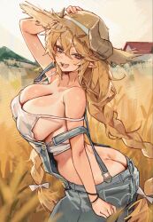 1girl adjusting_clothes adjusting_headwear ass blonde_hair braid breasts butt_crack camisole cleavage cowboy_shot crop_top denim_overalls double-parted_bangs field fungi542 hair_between_eyes hair_ribbon hat highres horns huge_breasts lev_(kerinyan) light_blush looking_at_viewer low_twin_braids low_twintails original pointy_ears purple_eyes ribbon sidelocks smile standing strap_slip straw_hat tan tanline teeth twin_braids twintails upper_teeth_only white_camisole white_ribbon wristband