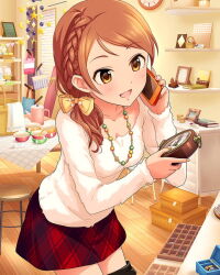 1girl bag basket book boots bowl braid breasts card_(medium) cellphone cleavage clock crescent_moon drawer fur_trim hojo_karen holding idolmaster idolmaster_cinderella_girls jewelry moon necklace official_art open_mouth orange_eyes orange_hair phone skirt smartphone solo star_(symbol) stool table tagme thigh_boots