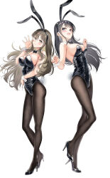 2girls animal_ear_hairband animal_ears asahina_hikage black_bow black_bowtie black_hair black_leotard black_pantyhose black_shoes blue_eyes blush bow bowtie breasts brown_eyes brown_hair closed_mouth commentary_request detached_collar fake_animal_ears fake_tail floating_hair futaba_rio glasses hair_ornament hairband hairclip high_heels highleg highleg_leotard large_breasts leotard long_hair long_legs looking_at_viewer multiple_girls open_mouth pantyhose playboy_bunny pumps rabbit_ear_hairband rabbit_ears rabbit_tail sakurajima_mai seishun_buta_yarou shoes simple_background smile standing standing_on_one_leg strapless strapless_leotard tail very_long_hair waving white_background white_wrist_cuffs wrist_cuffs