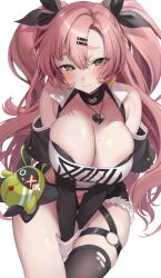 Rule 34 | 1girl, :3, amillion (zenless zone zero), bangboo (zenless zone zero), between legs, black ribbon, black shorts, blush, breasts, cleavage, closed mouth, clothing cutout, collarbone, crop top, earrings, green eyes, hair between eyes, hair ornament, hairclip, hand between legs, hashtag-only commentary, heart, heart earrings, heart necklace, highres, jewelry, large breasts, long hair, looking at viewer, micro shorts, mole, mole on breast, mole under eye, necklace, nicole demara, o-ring, o-ring thigh strap, parted bangs, pink hair, ribbon, shorts, shoulder cutout, simple background, single thighhigh, sitting, skindentation, smile, solo, strapless, tarou (komekueyo), thigh strap, thighhighs, thighs, torn clothes, torn thighhighs, tube top, two side up, white background, white tube top, zenless zone zero