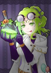 1girl :p beaker candy circlet coat coke-bottle_glasses commentary_request cork fire_emblem fire_emblem:_the_sacred_stones fire_emblem_heroes food glasses gloves goggles green_eyes green_hair halloween halloween_costume highres holding_beaker jack-o&#039;-lantern jack-o&#039;-lantern_ornament l&#039;arachel_(fire_emblem) l&#039;arachel_(halloween)_(fire_emblem) lab_coat lollipop nintendo official_alternate_costume pumpkin solo tongue tongue_out twintails wai_power