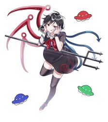 1girl :p ahoge asymmetrical_wings black_dress black_hair black_thighhighs blue_wings bow bowtie buttons closed_mouth commentary dress english_commentary footwear_bow full_body hands_on_own_cheeks hands_on_own_face highres holding holding_polearm holding_weapon houjuu_nue looking_at_viewer nue_day polearm pomze red_bow red_bowtie red_eyes red_shoes red_wings shoes short_hair short_sleeves simple_background smile snake solo standing standing_on_one_leg thighhighs tomoe_(symbol) tongue tongue_out touhou trident ufo v-shaped_eyebrows weapon white_background wings wristband