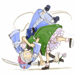 2girls cervus female_focus flower hat hitodama judo judo_throw katana konpaku_youmu konpaku_youmu_(ghost) lowres multiple_girls pink_hair saigyouji_yuyuko seoinage short_hair silver_hair sword touhou weapon wrestling