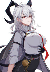 1girl arm_strap black_cape black_gloves black_horns black_pants breasts cape chest_harness closed_mouth collared_shirt commentary_request cowboy_shot earrings from_side gloves hair_between_eyes hand_on_own_stomach harness high-waist_pants highres horns jewelry key_earrings large_breasts long_hair looking_at_viewer multicolored_hair necktie pants red_eyes red_necktie red_streaks shirt simple_background sleeves_rolled_up solo streaked_hair tight_clothes tight_pants uriuritei white_background white_hair white_shirt wuthering_waves zani_(wuthering_waves)