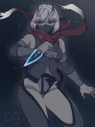 1girl breasts chaps colored_skin commentary commission detached_sleeves fishnet_sleeves fishnets grey_hair grey_leotard grey_skin highres holding holding_kunai holding_weapon horns impossible_clothes kimouji kunai leotard mask medium_breasts mouth_mask ninja original red_scarf reverse_grip scarf signature skin-covered_horns solo weapon