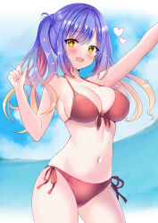 1girl :d bare_shoulders bikini blue_hair blue_nails blush breasts cleavage collarbone commentary_request cowboy_shot curvy day floating_hair flower front-tie_bikini_top front-tie_top gradient_hair gyaru hair_between_eyes hair_flower hair_ornament halterneck hand_up happy heart kohibari_kurumi large_breasts long_hair looking_at_viewer miyako_(mongcocoa) multicolored_hair nail_polish navel open_mouth orange_hair outdoors outstretched_arm pink_flower red_bikini round_teeth side-tie_bikini_bottom sidelocks skindentation smile solo stomach swimsuit teeth tenshi_souzou_re-boot! twintails upper_teeth_only yellow_eyes yellow_nails
