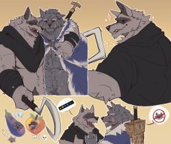 2boys abs animal_ears arm_around_shoulder bara biceps black_cape black_fur blaidd_the_half-wolf blue_cape cape chibi claws closed_mouth commentary death_(puss_in_boots) dog_nose eggplant elden_ring english_commentary english_text fangs food frostqq fruit furry furry_male grey_fur grin highres holding_sickle looking_at_another looking_at_viewer multiple_boys multiple_views muscular muscular_male open_mouth peach pectorals puss_in_boots:_the_last_wish scar scar_across_eye scar_on_face scar_on_nose scar_on_stomach shrek_(series) smile sparkle speech_bubble spoken_symbol sword sword_on_back weapon weapon_on_back wolf_boy wolf_ears yellow_background
