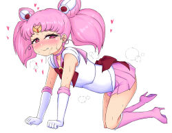 1girl all_fours bishoujo_senshi_sailor_moon blush boots chibi_usa closed_mouth dot_nose elbow_gloves eyelashes female_focus from_side gloves heart high_heel_boots high_heels knee_boots loli long_hair looking_at_viewer looking_to_the_side magical_girl matching_hair/eyes naughty_face pink_boots pink_eyes pink_hair pink_skirt shirt simple_background skirt sleeveless sleeveless_shirt smile solo souyannsb tongue tongue_out twintails white_background white_gloves white_shirt