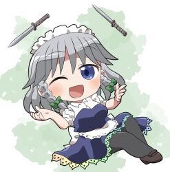 1girl ;d apron black_pantyhose blue_dress blue_eyes blush bow braid brown_shoes chibi chibi_only collared_shirt commentary_request dress frilled_apron frills full_body green_background green_bow grey_hair hair_bow izayoi_sakuya knife looking_at_viewer maid maid_headdress one_eye_closed open_mouth pantyhose rokugou_daisuke shirt shoes short_hair short_sleeves side_braids signature smile solo touhou twin_braids waist_apron white_apron white_shirt