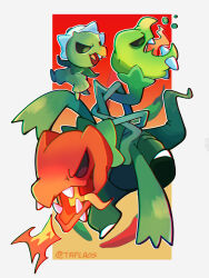 absurdres capsakid colored_skin evolutionary_line fangs green_pepper green_skin highres multiple_heads nintendo no_humans pokemon pokemon_(creature) red_pepper scovillain tail taplaos