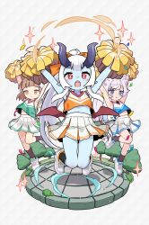 Rule 34 | 3girls, arms up, arum (world flipper), black socks, blue eyes, blue shirt, blue skin, blunt bangs, blush stickers, bright pupils, brown hair, cheerleader, colored skin, confetti, couette (world flipper), green shirt, grey background, grey hair, highres, holding, holding pom poms, horns, low wings, midriff, midriff peek, multiple girls, mwm5, navel, open mouth, orange shirt, piamo (world flipper), pleated skirt, pointy ears, pom pom (cheerleading), pom poms, ponytail, red eyes, shirt, shoes, skirt, socks, sparkle, white pupils, white shoes, wings, world flipper
